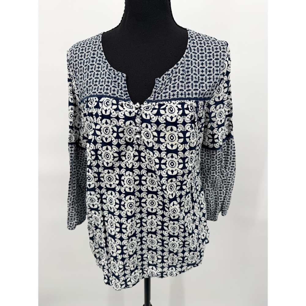 Crown & Ivy Blouse Women Medium Navy White Excellent Boho Mixed Print Cotton